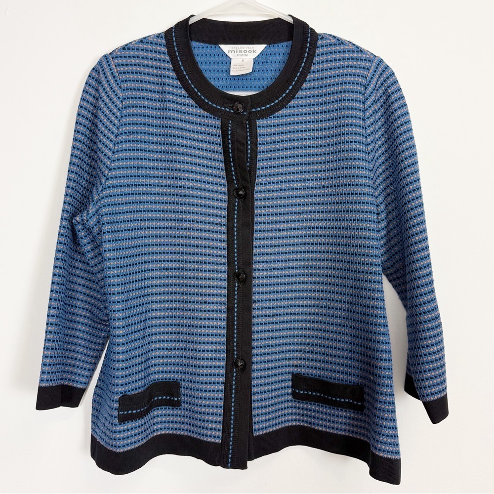 Exclusively Misook Cardigan Sweater Womens Small Petite Blue Knit Button Front